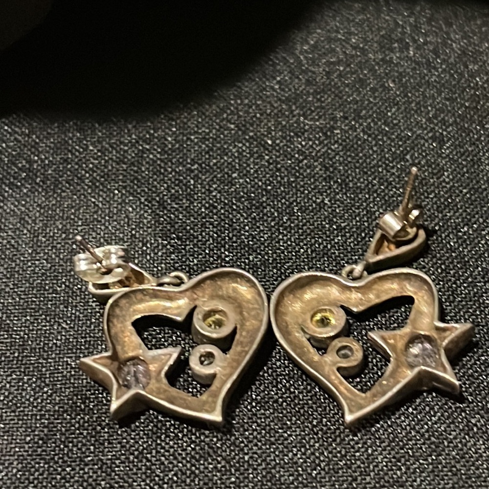 Vintage marcasite heart and stars with gemstones, drop earrings - Picture 8 of 9